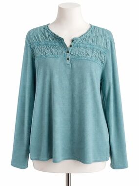 Coldwater Creek XL Teal Textured Henley Top Boho Pintuck Detail